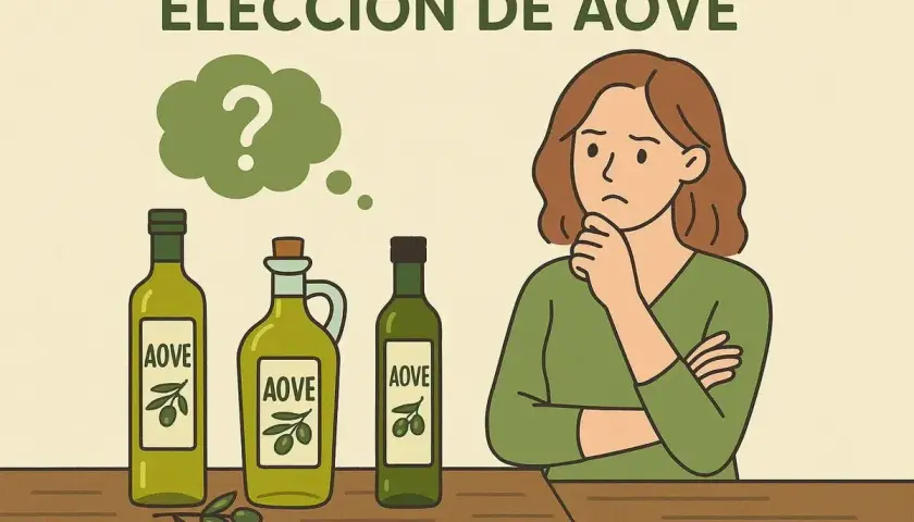 Mujer pensativa frente a botellas de AOVE, preguntándose qué es el aove y cuál elegir.