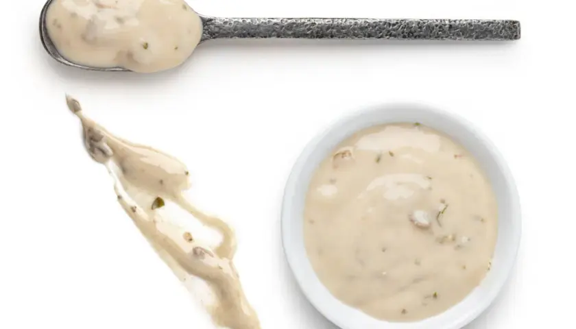 Cuchara con salsa de champiñones cremosa, un chorrito de la misma salsa y un cuenco blanco lleno de esta deliciosa salsa.