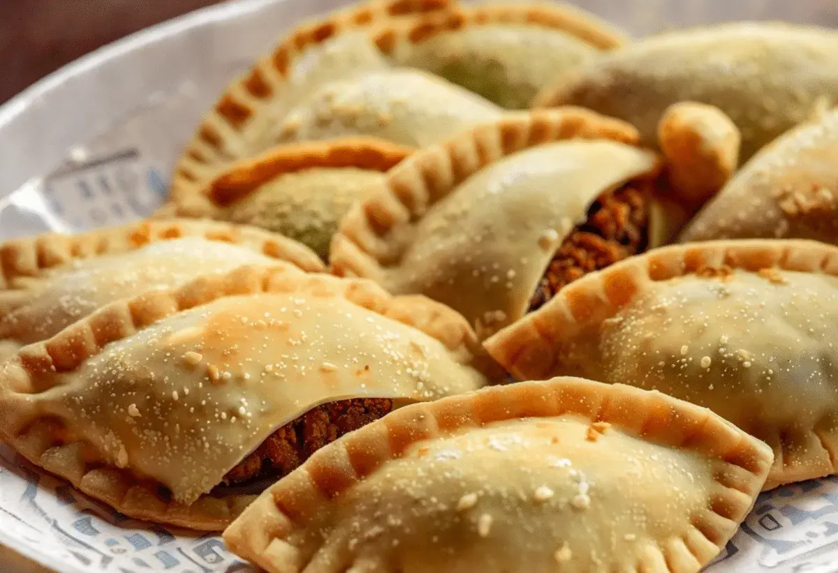 Una bandeja llena de empanadas de pollo doradas y crujientes, listas para disfrutar.