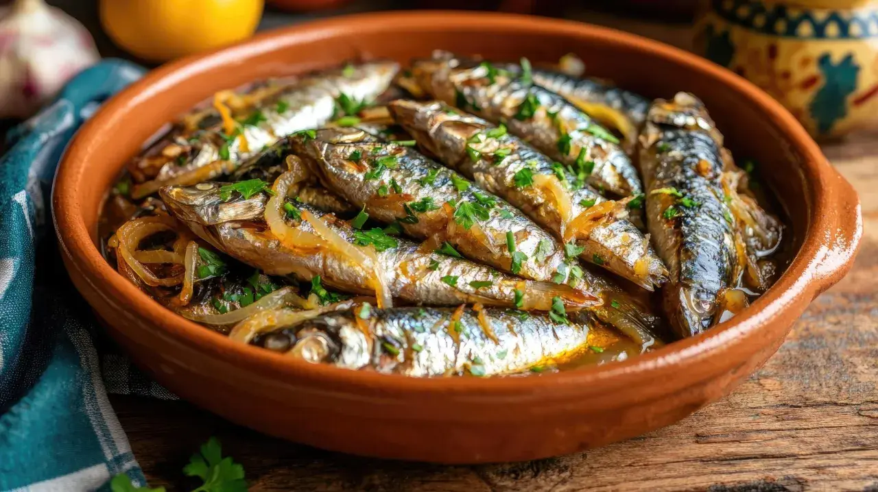 Sardinas en escabeche, tiernas y jugosas, reposan en una cazuela de barro, adornadas con perejil fresco y cebolla caramelizada.