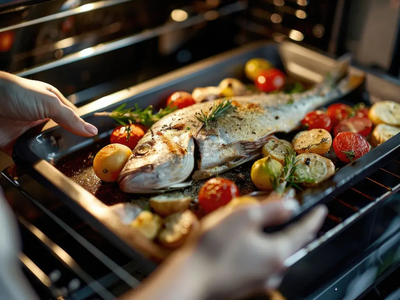 Manos colocando una bandeja con besugo al horno, tomates cherry, limones y romero dentro de un horno.