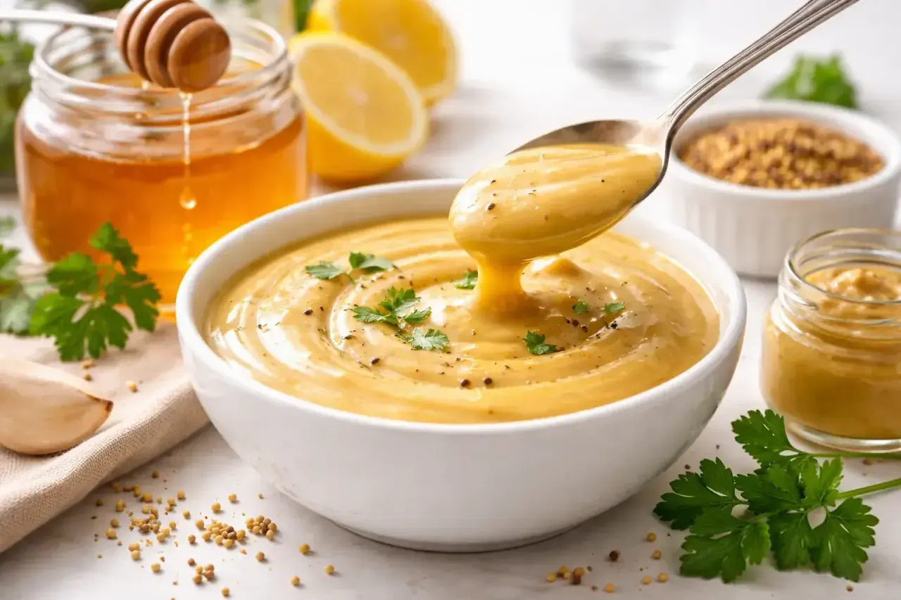 Cremosa salsa miel y mostaza servida en un cuenco blanco, con ingredientes frescos como miel, limones y perejil alrededor.