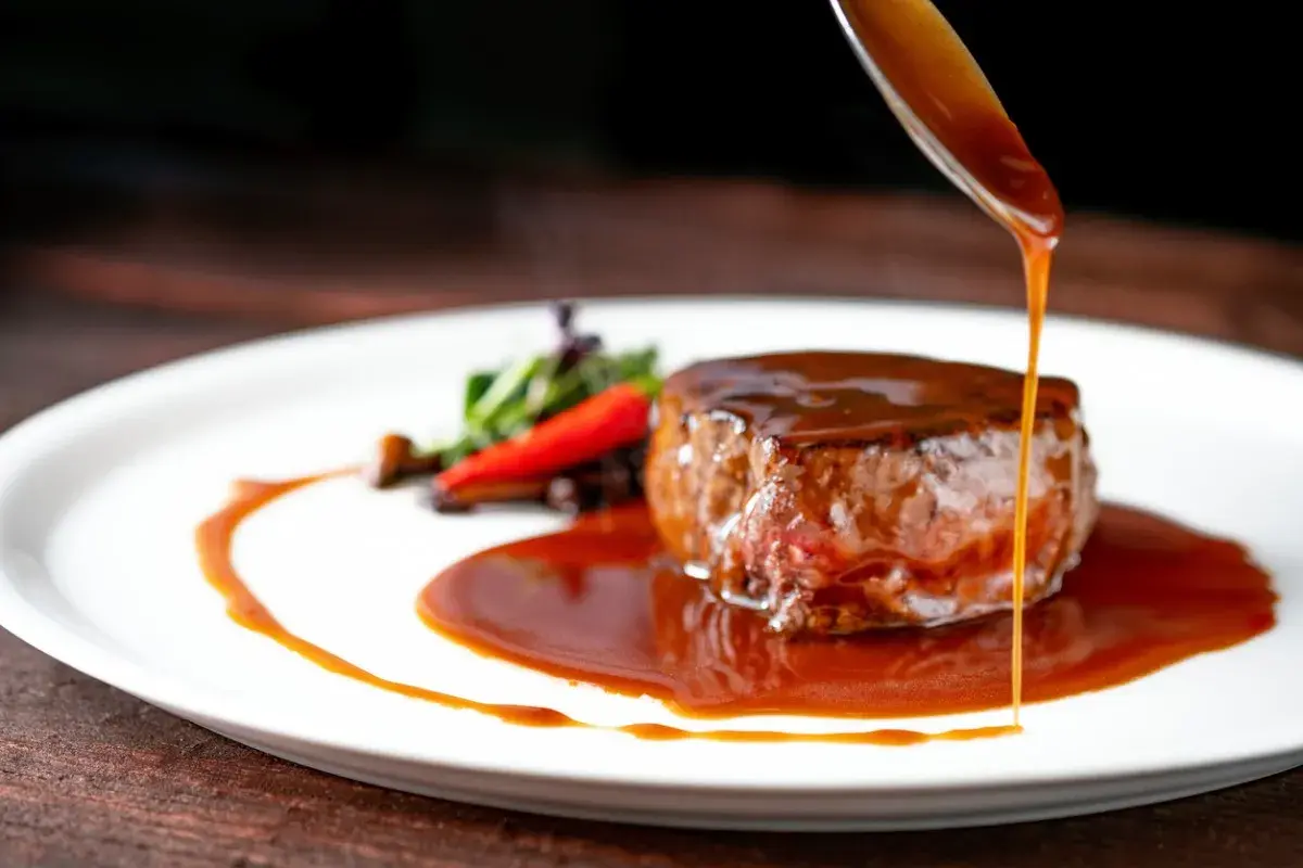 Un filete jugoso bañado en una rica salsa, una de las mejores salsas para carnes, servido con guarnición.