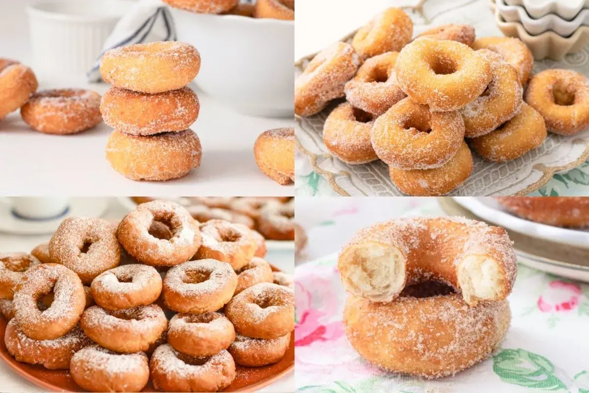 Montaje de rosquillas caseras de toda la vida, doradas y espolvoreadas con azúcar. Un placer para la vista y el paladar.