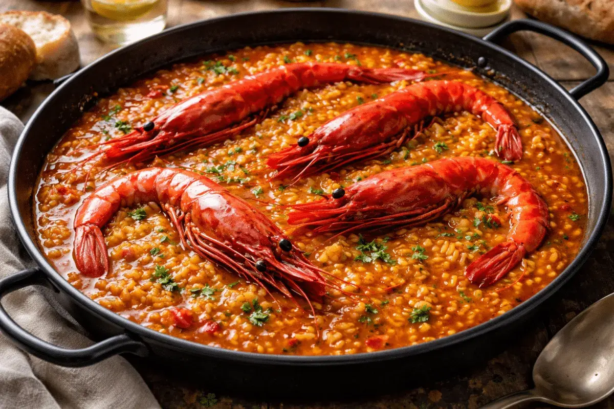 Arroz con carabineros, un plato de mariscos vibrante y sabroso, con gambas rojas enteras sobre un lecho de arroz dorado.