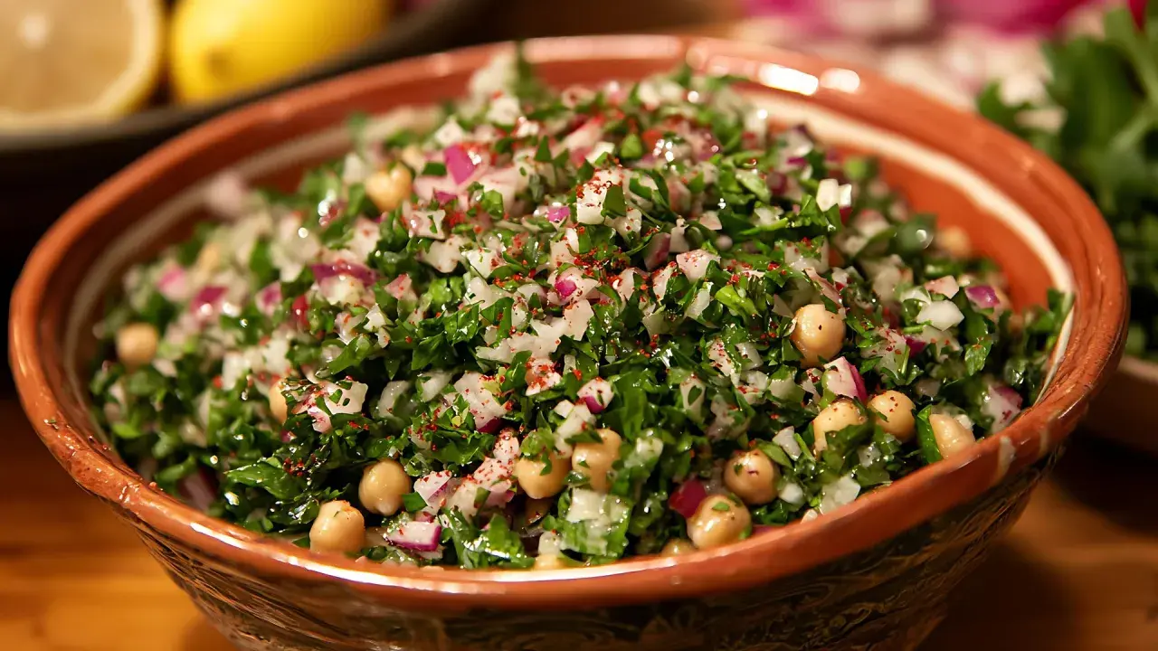 Un refrescante ensalada de garbanzos con perejil picado, cebolla morada y un toque de pimentón.