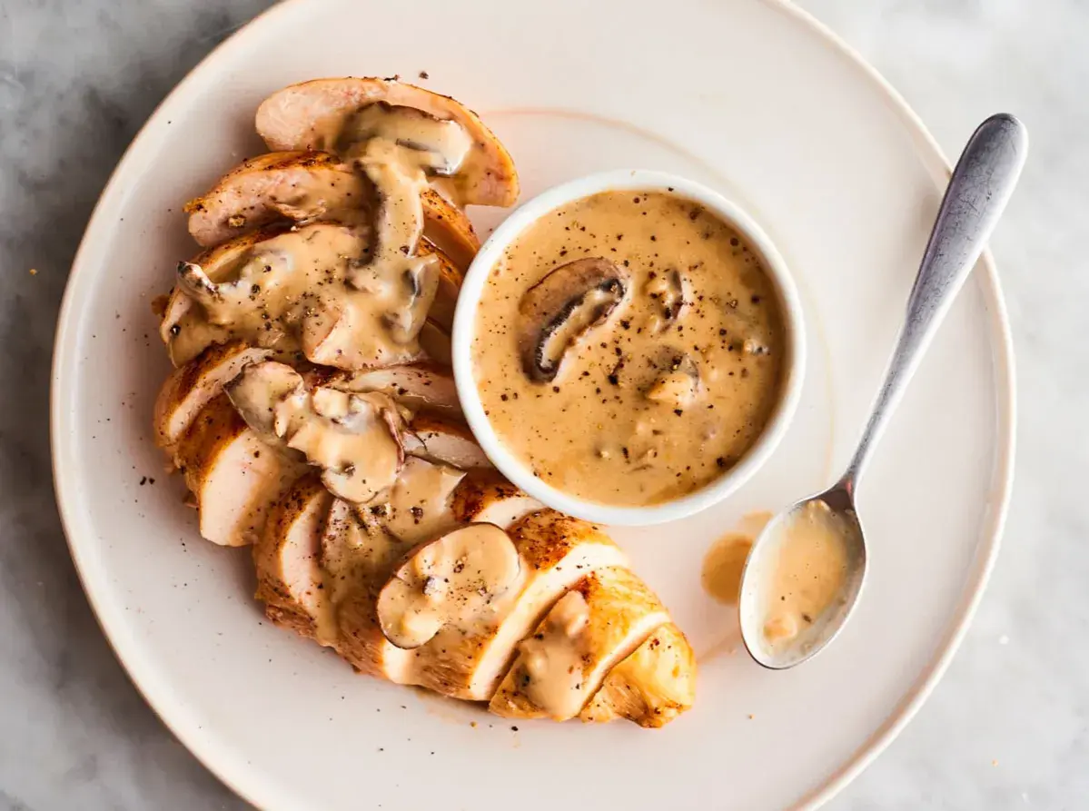 Pechuga de pollo en rodajas cubierta con una cremosa salsa de setas, servida con un tazón de la misma salsa y una cuchara.