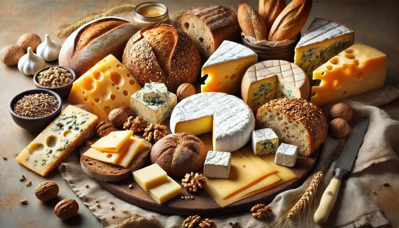 Una tabla de quesos variados, panes rústicos, incluyendo pan de centeno, nueces y ajos.