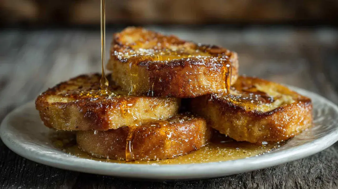 Torrijas doradas y crujientes bañadas en almíbar para torrijas, espolvoreadas con azúcar glas.