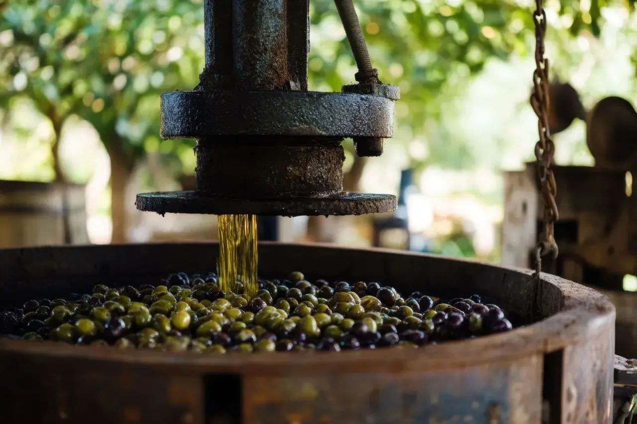 Aceite de oliva virgen goteando sobre aceitunas en una prensa antigua. Así es como hacer aceite de oliva en casa.