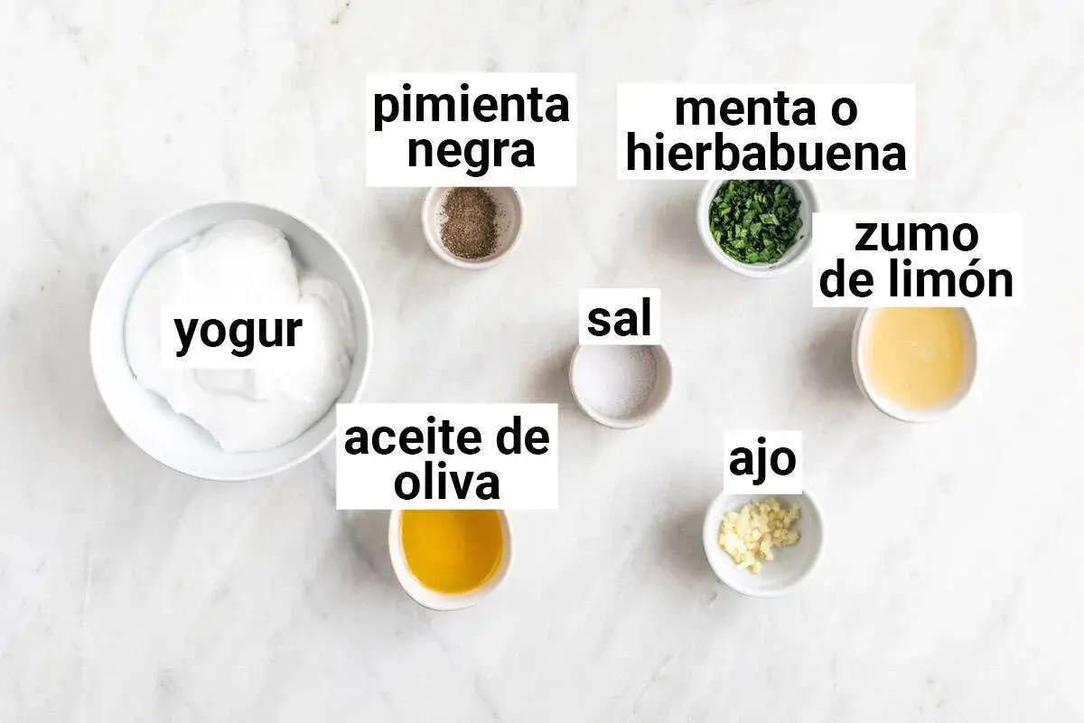 Ingredientes para una deliciosa salsa de yogur: yogur, aceite de oliva, ajo, sal, pimienta negra, menta o hierbabuena y zumo de limón.