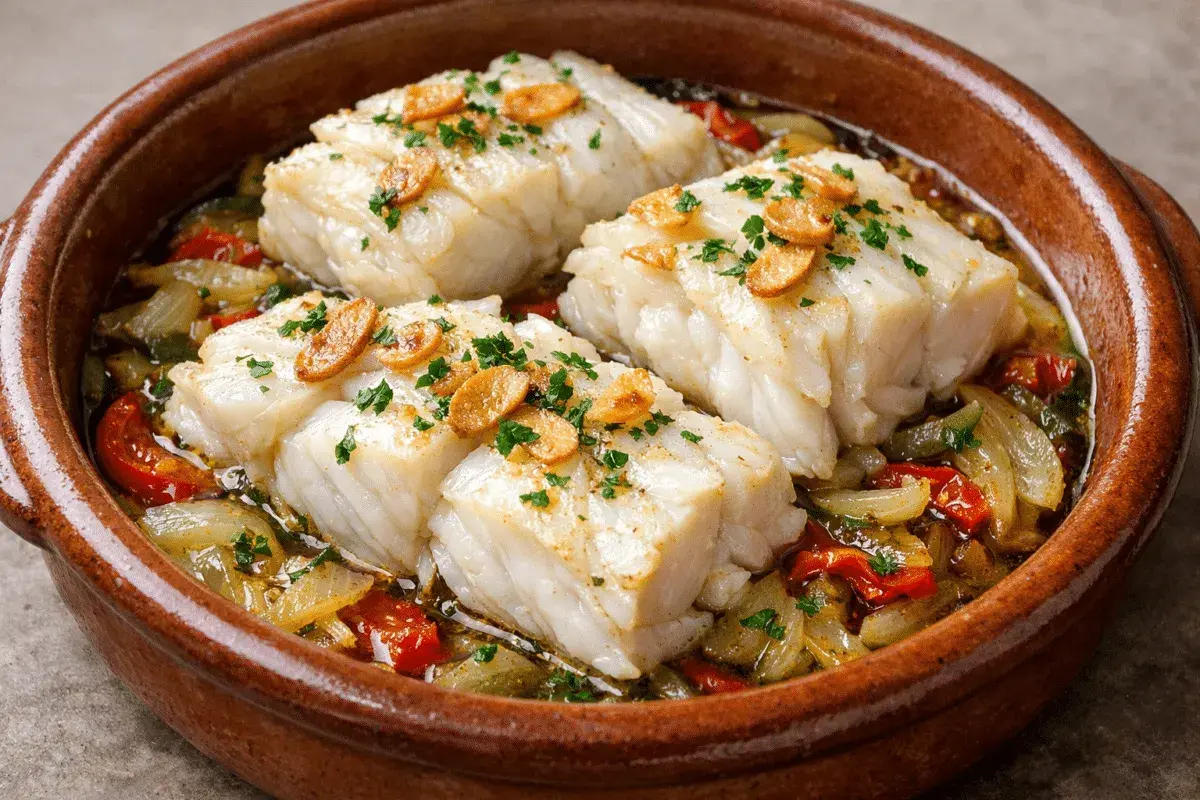 Bacalao al horno jugoso, servido en cazuela de barro con pimientos, cebolla y ajo crujiente.