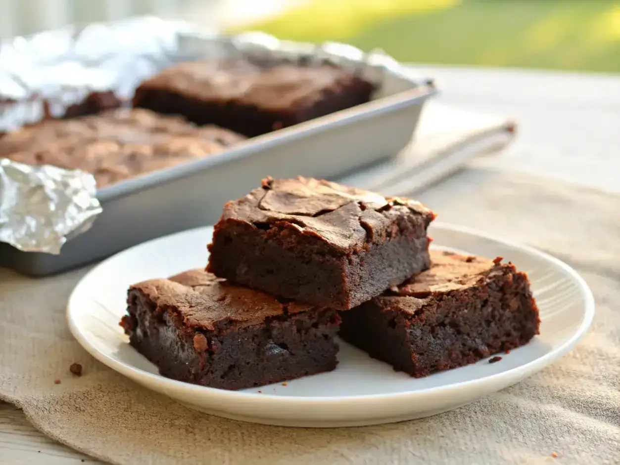 Deliciosos trozos de brownie sin gluten apilados en un plato blanco. En el fondo, más brownies en un molde.