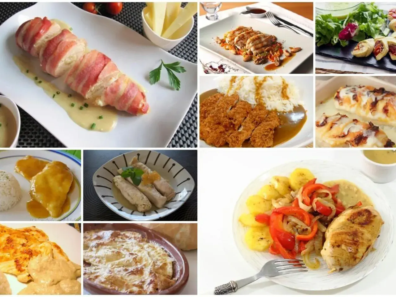 Variedad de platos con pechuga de pollo: envuelta en bacon, empanada, a la parrilla con verduras, gratinada y más.