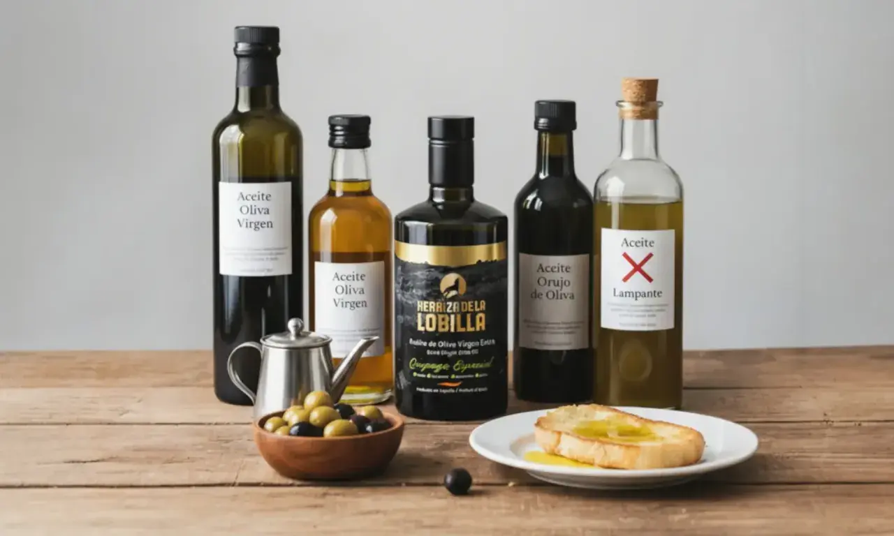 Variedad de aceites de oliva virgen y de orujo en botellas, junto a aceitunas y una tostada.