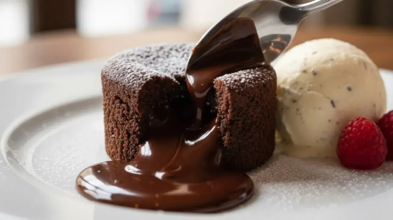 Coulant de chocolate con helado de vainilla y frambuesas. El chocolate fundido se derrama al ser cortado.