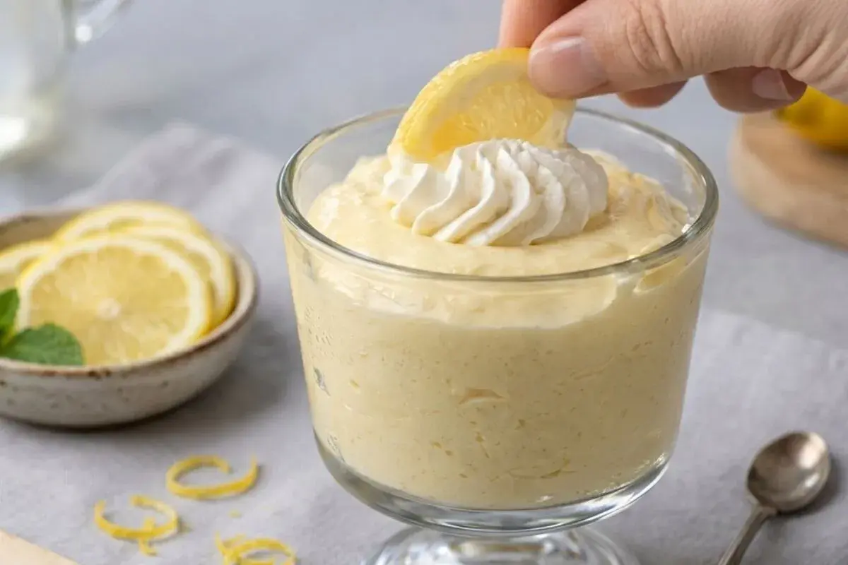 Delicioso mousse de limón, coronado con crema batida y una rodaja de limón, listo para ser disfrutado.