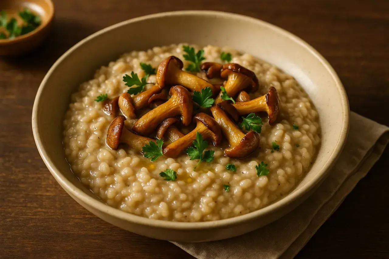 Cremoso risotto de boletus, coronado con setas salteadas y perejil fresco. Un plato reconfortante y lleno de sabor.
