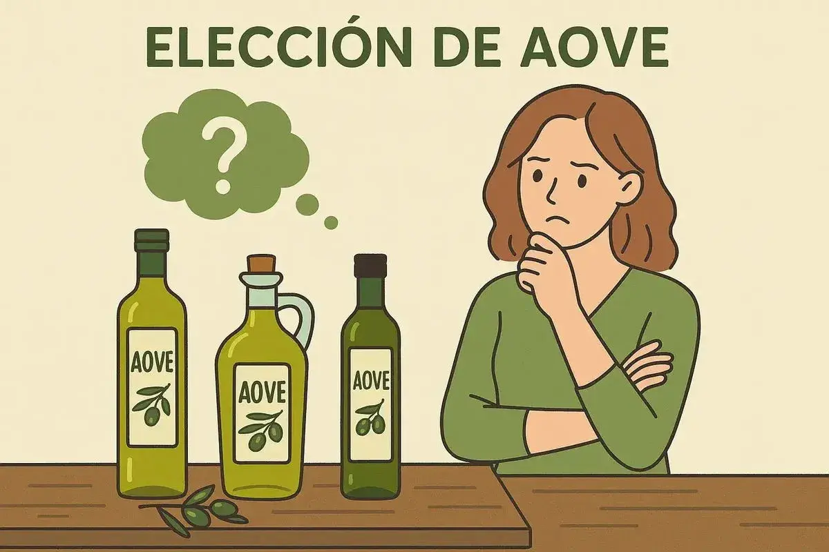 Mujer pensativa frente a botellas de AOVE, preguntándose qué es el aove y cuál elegir.