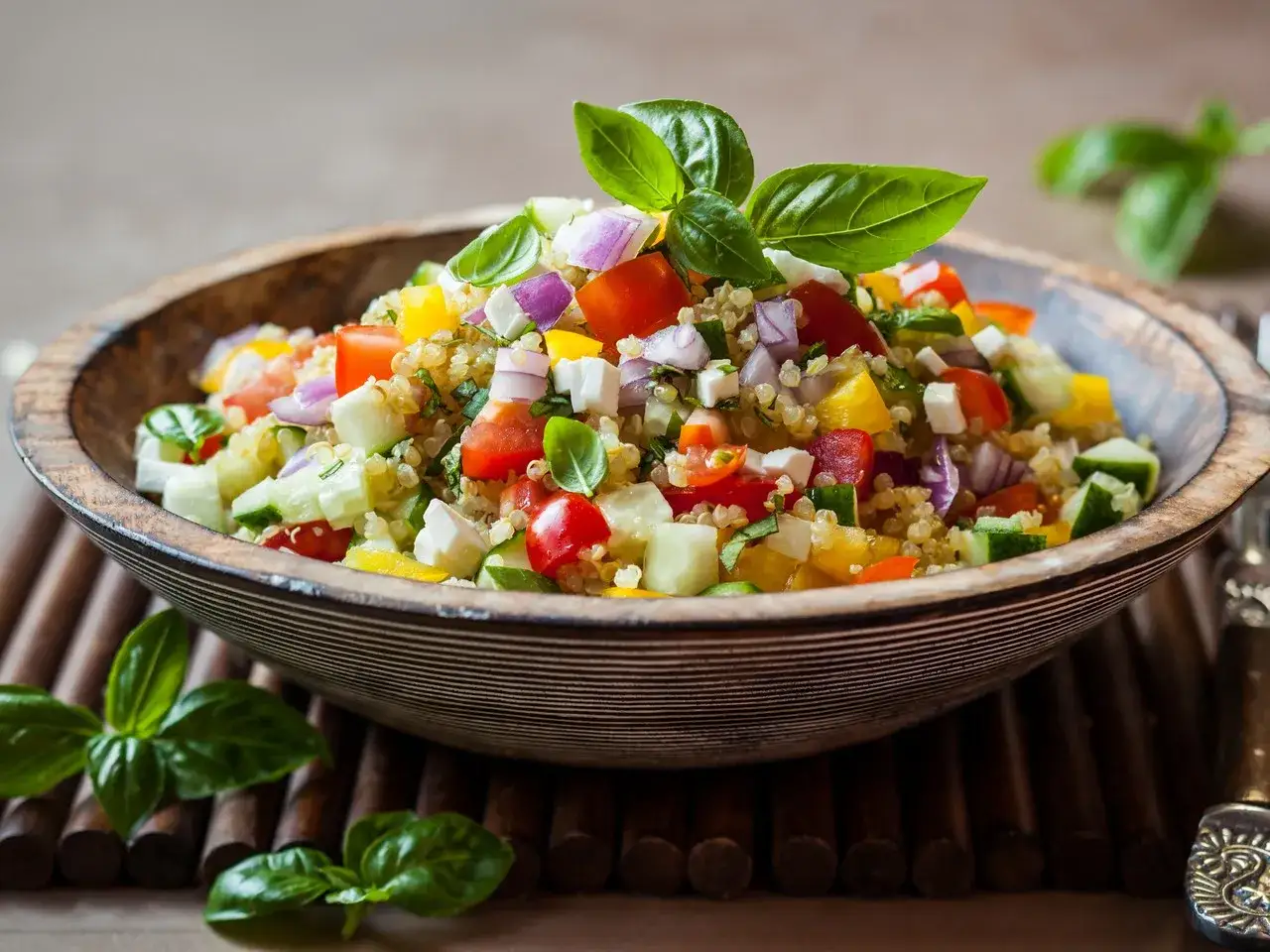Deliciosa ensalada de quinoa con tomate, pepino, pimiento amarillo, cebolla morada y queso feta, adornada con hojas de albahaca fresca.
