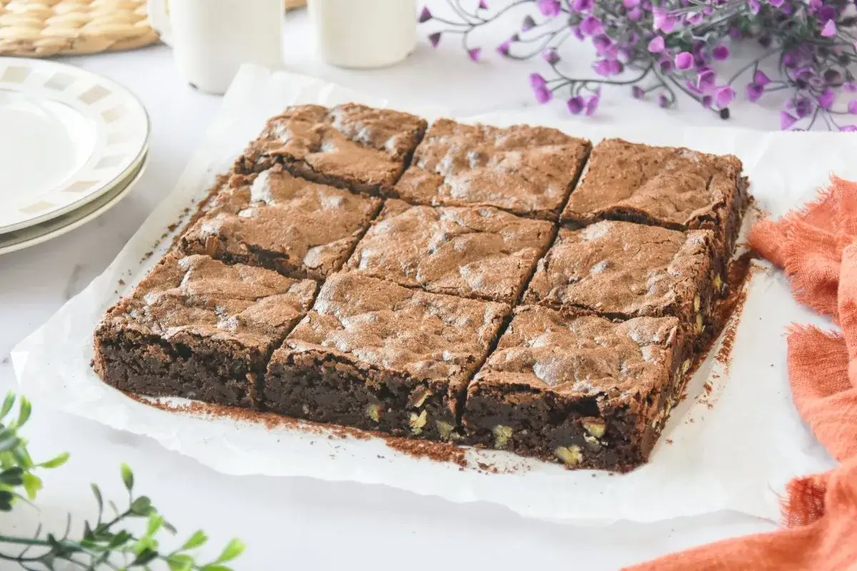 Delicioso brownie sin gluten, cortado en 9 porciones, espolvoreado con cacao. Perfecto para disfrutar sin preocupaciones.