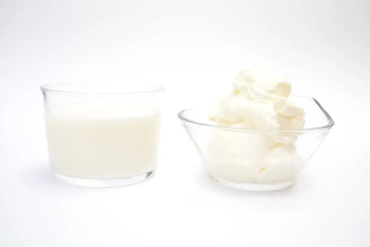 Vaso de leche junto a un cuenco con abundante crema de leche, ambos sobre fondo blanco.