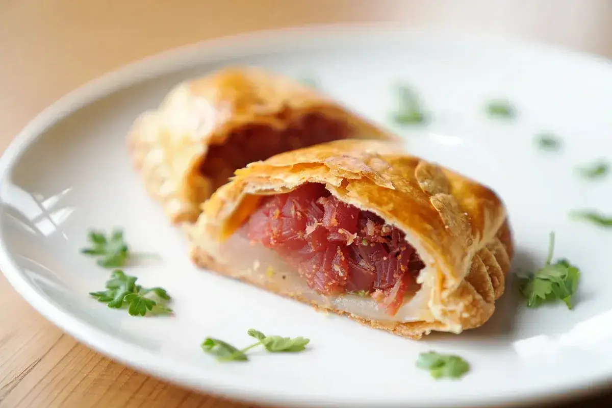 Empanada de atún dorada y crujiente, rellena de jugoso atún picado y hierbas frescas, servida en un plato blanco.