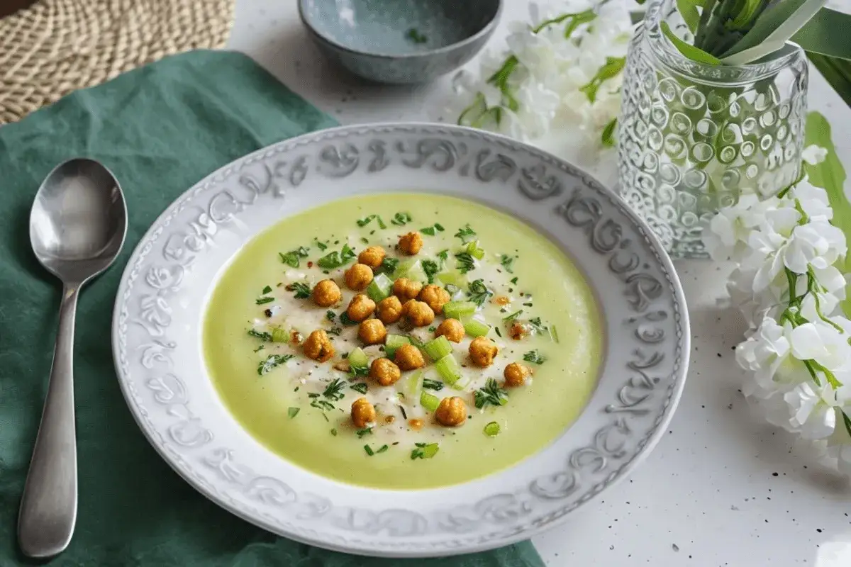Crema de apio servida en un plato blanco con garbanzos crujientes y perejil picado. Una cuchara plateada descansa sobre una servilleta verde.