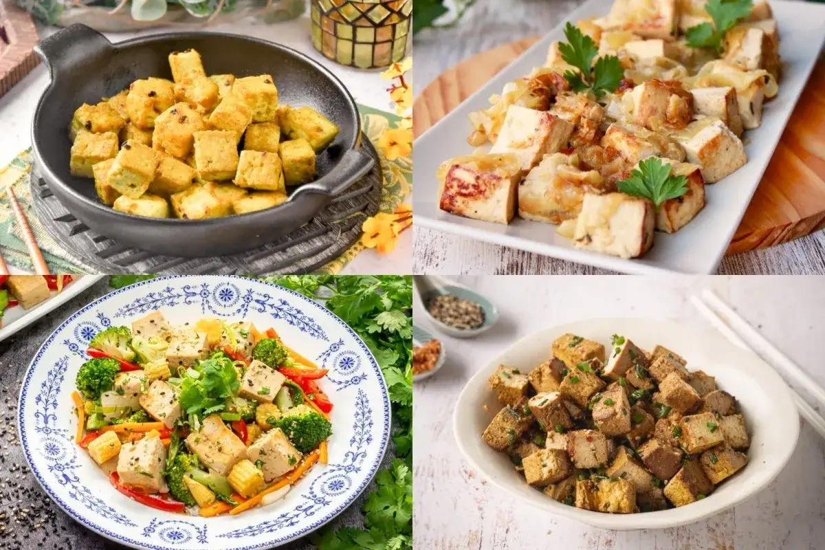 Cuatro platos con deliciosas recetas con tofu: salteado con verduras, al horno, crujiente y en cubos con especias.