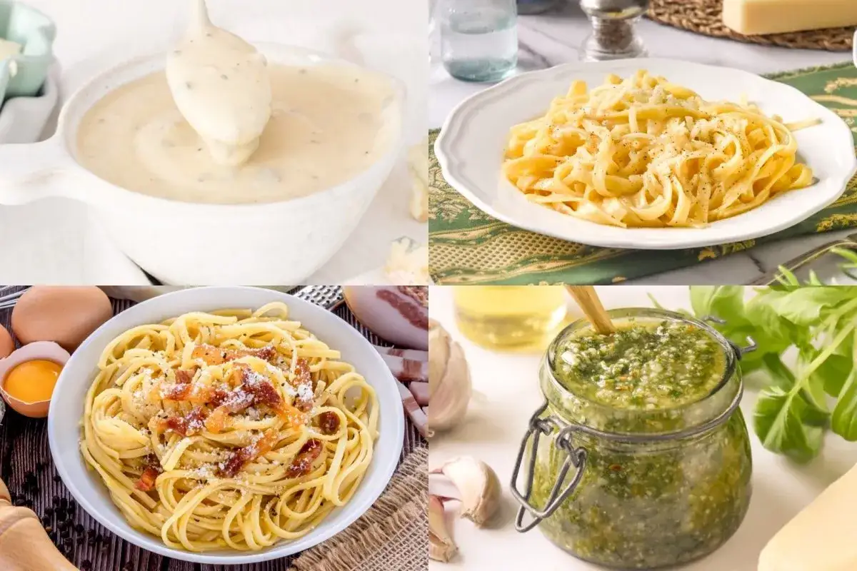 Cuatro deliciosas salsas para pasta: cremosa, carbonara, pesto y una con queso.