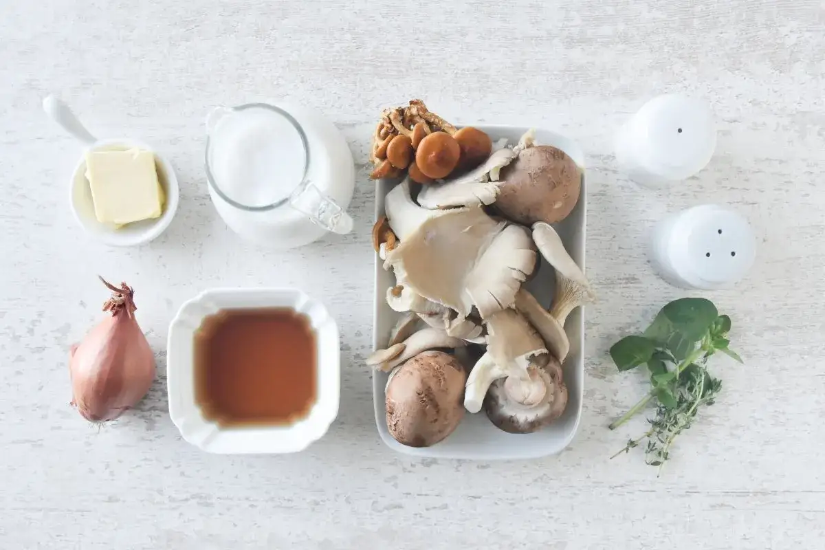 Ingredientes para una deliciosa salsa de setas: champiñones, chalota, mantequilla, nata, caldo y hierbas.