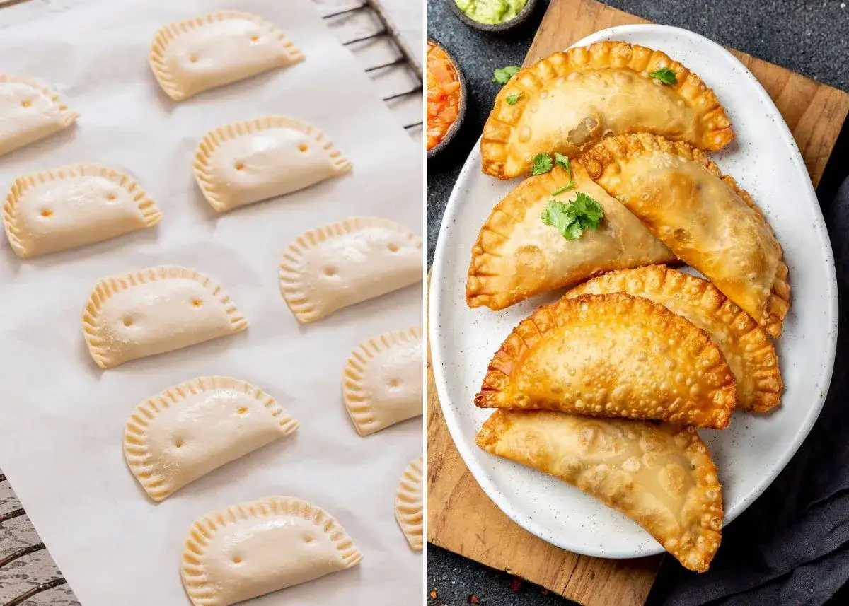 Masa de empanadillas de la abuela cruda y lista para hornear, junto a unas empanadillas doradas y crujientes servidas en un plato.