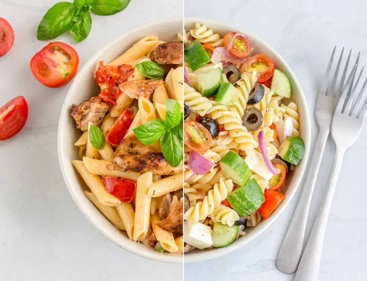 Dos ensaladas de pasta: una con pollo a la parrilla y penne, la otra con fusilli, verduras frescas y mozzarella.