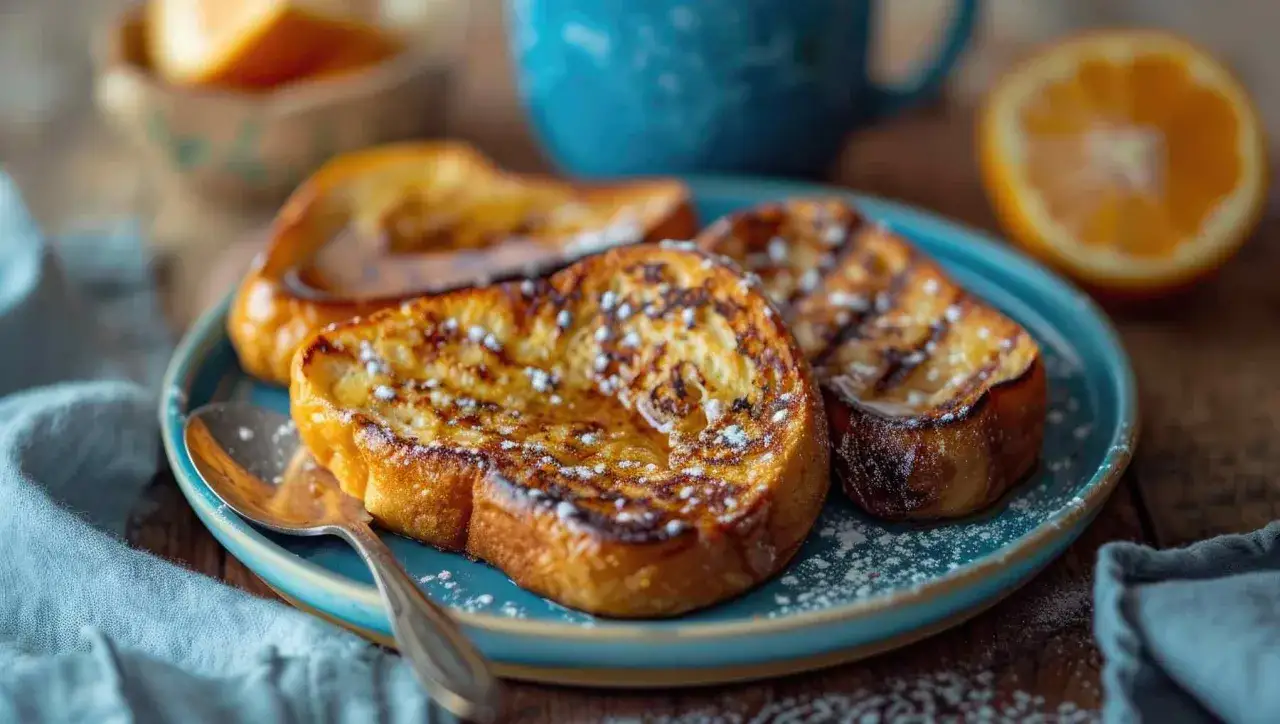 Torrijas doradas y esponjosas, espolvoreadas con az&uacute;car glas, listas para ser ba&ntilde;adas en alm&iacute;bar para torrijas.