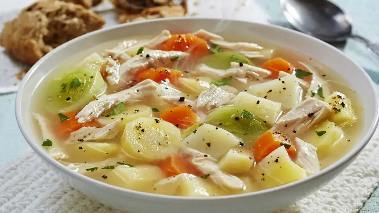 Un reconfortante taz&oacute;n de caldo de pollo casero con trozos de pollo deshebrado, patatas, zanahorias y puerros.